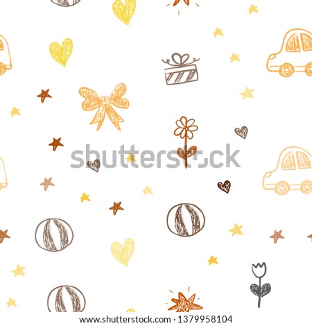Light Orange vector seamless backdrop with holiday gifts. Design in xmas style with a toy car, heart, baloon, tulip, candy, ball. Design for holiday adverts.