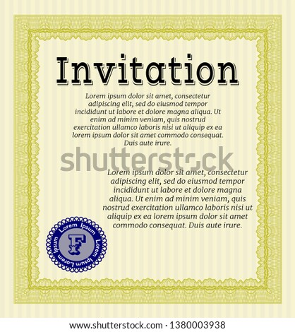 Yellow Formal invitation template. Cordial design. Vector illustration. With great quality guilloche pattern. 