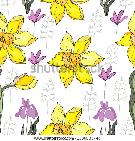 Seamless floral ornament with yellow daffodils and purple primroses. Endless texture for your design, fabrics, decor
