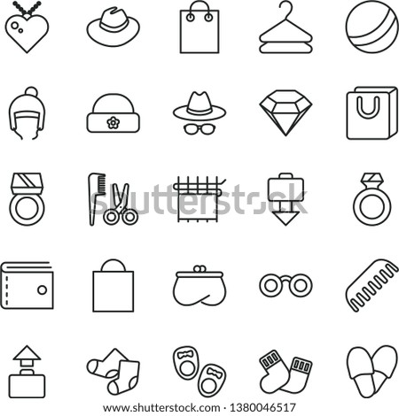 thin line vector icon set - paper bag vector, purse, hat, with glasses, bath ball, accessories for a hairstyle, comb, warm socks, Knitted, shoes little children, winter, handles, hanger, diamond