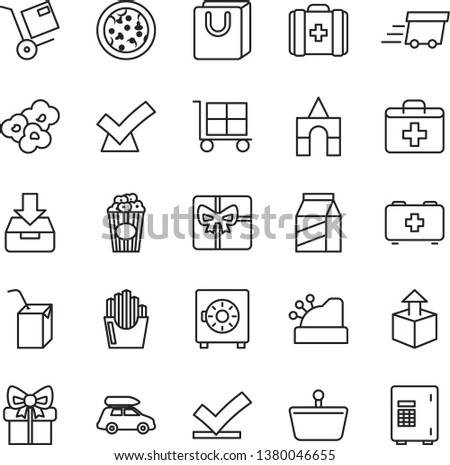 thin line vector icon set - cargo trolley vector, first aid kit, bag of a paramedic, medical, packing juice with straw, box bricks, put in, strongbox, handles, package, shipment, unpacking, pizza