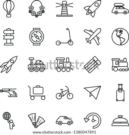 thin line vector icon set - baby toy train vector, child Kick scooter, planet Earth, retro car, lighthouse, history, rocket, lunar rover, man hold world, paper plane, helicopter, baggage, bike