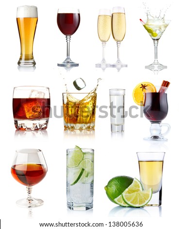 Set of alcohol drinks in glasses isolated on white background Royalty-Free Stock Photo #138005636