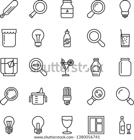 thin line vector icon set - matte light bulb vector, incandescent lamp, magnifier, zoom out, measuring cup for feeding, mercury thermometer, window, a glass of soda, tea, cocktail, jam, jar, bottle
