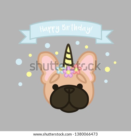 Birthday Unicorn Fawn Coat French Bulldog with Banner Cartoon Vector Illustration