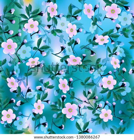 The branches of pink cherry flower pattern on dark blue abstract background. Transparent Sakura flowers, seamless texture. Vector