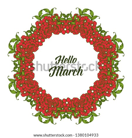 Vector illustration greeting card hello march with blossom flower frame hand drawn
