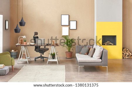 Private office room, modern business interior style brown background and fireplace.