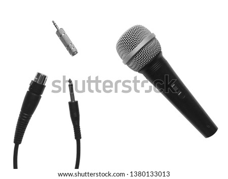 Dynamic concert audio microphone for vocal and speech performances and recordings. There are wires with different types of connectors and an adapter from big to small jack. Included clipping path