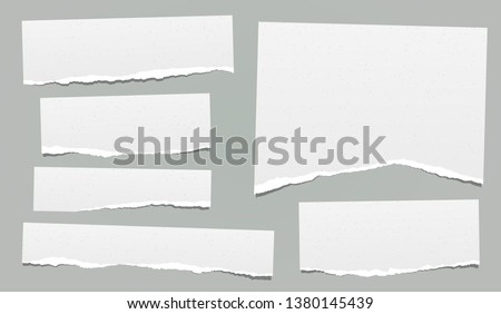 Ripped note, notebook grainy paper strips stuck on grey background. Vector illustration Royalty-Free Stock Photo #1380145439