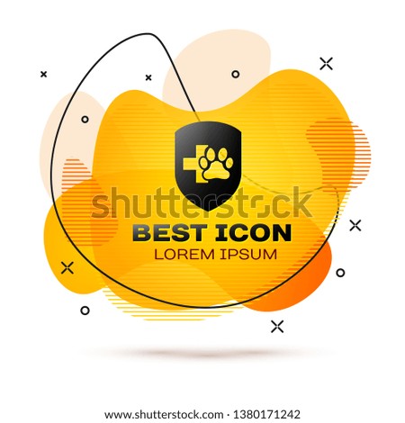 Black Animal health insurance icon isolated on white background. Pet protection icon. Dog or cat paw print. Fluid color banner. Vector Illustration