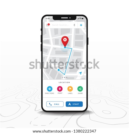 Map GPS navigation, Smartphone map application and red pinpoint on screen, App search map navigation, isolated on line maps background, Vector Royalty-Free Stock Photo #1380222347