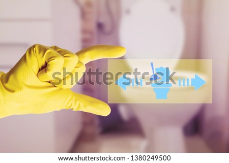 Transparent screen held by person with yellow sanitary gloves showing how to unclog toilet on drawing as modern housekeeping technology concept
