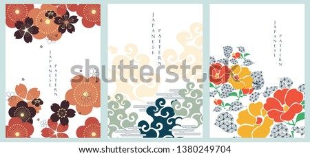 Japanese template vector. Flower and cloud illustration background. Cherry blossom pattern. Asian traditional poster style.