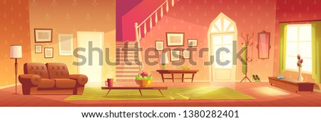 House cozy hall, home living room, spacious antechamber, anteroom or vestibule interior cartoon vector with sofa, coat hanger, fruits on coffee table, carpet on floor and wooden stairway illustration