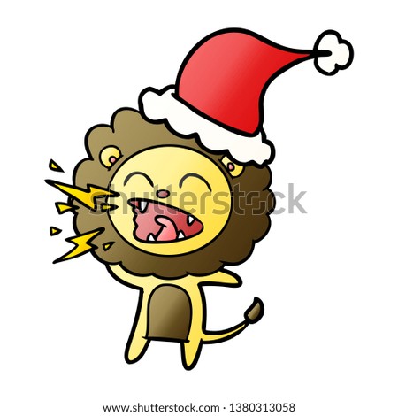 hand drawn gradient cartoon of a roaring lion wearing santa hat
