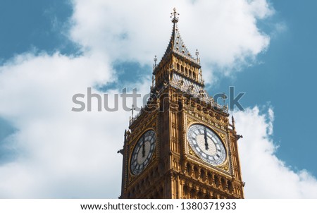 Big Ben, London, UK. A view of the popular London landmark, the clock tower known as Big Ben. The gothic tower is an iconic London landmark of the Houses of Parliament