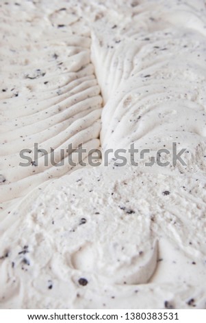 Vanilla ice cream with chocolate chips  Ice cream big package. Macking ball of ice cream. Space for text.  Selective focus. Speciality Italian stracciatella ice cream.
