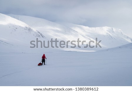 Cross country skier with pulka (sled) in a valley in national park Sarek, Lapland. Sweden.