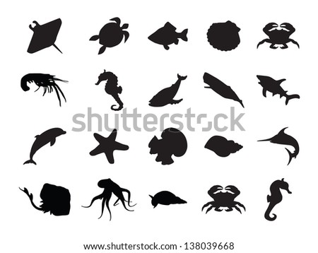 Vector set of silhouettes of 20 marine animals on a white background