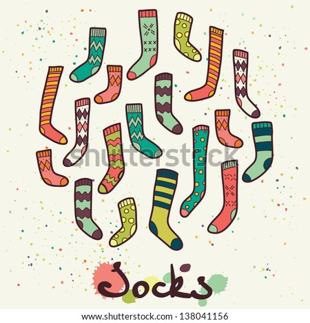 Set of different socks in circle. Round shape made of hand drawn doodle socks. Vector illustration.