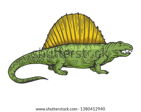 Dimetrodon dinosaur prehistoric extinct animal color sketch engraving raster illustration. Scratch board style imitation. Black and white hand drawn image.