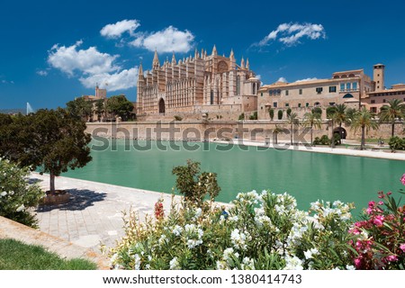 Cathedral La Seu and Parc de la Mar in Palma de Mallorca Royalty-Free Stock Photo #1380414743