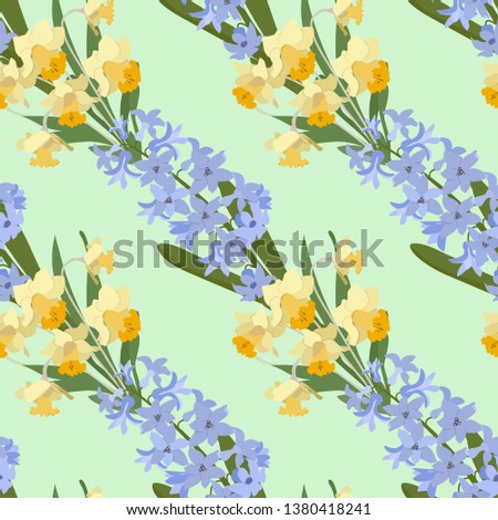 Seamless vector spring illustration with narcissists and hyacinths. For decorating textiles, packaging, web design.