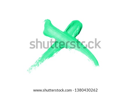 Bright liquid lipstick smear in the form of a check mark isolated on a white background. Cosmetic product stroke. Yes sign for checkbox. Turquoise color