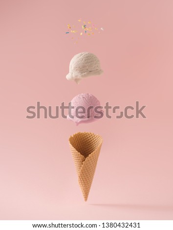 Infographic design of ice cream with colorful sprinkles. Minimal summer background. Food deconstructed food styling concept. Royalty-Free Stock Photo #1380432431