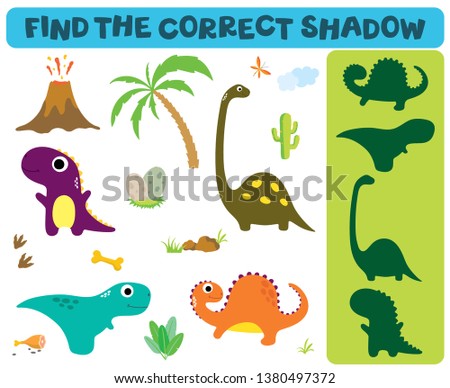 Find the correct shadow: Adorable dinosaurs isolated on white background. Dinosaur footprint, Volcano, Palm tree, Stones, Bone, Grass and Cactus.
