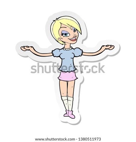 sticker of a cartoon woman making open arm gesture