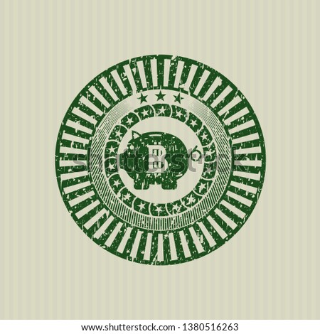 Green bitcoin piggy bank icon inside distressed grunge stamp
