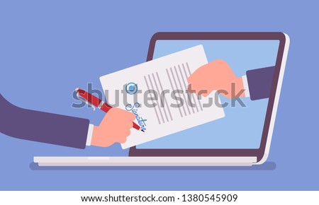 Electronic signature on laptop. Business Esignature technology, digital form attached to electronically transmitted document, verification of intent to sign agreement, legal deal. Vector illustration Royalty-Free Stock Photo #1380545909
