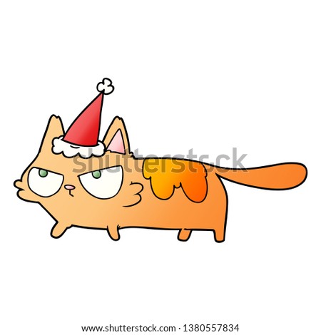 hand drawn gradient cartoon of a angry cat wearing santa hat