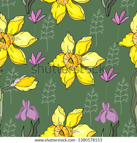 Seamless floral ornament with yellow daffodils and purple primroses.On a green background. Endless texture for your design, fabrics, decor
