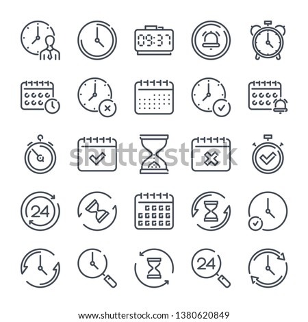 Time and Date related line icon set. Hour and Clock linear icons. Countdown and timer outline vector sign collection. Royalty-Free Stock Photo #1380620849