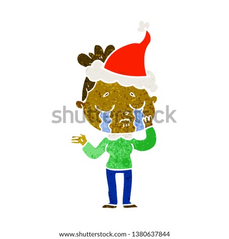 hand drawn retro cartoon of a crying woman wearing santa hat