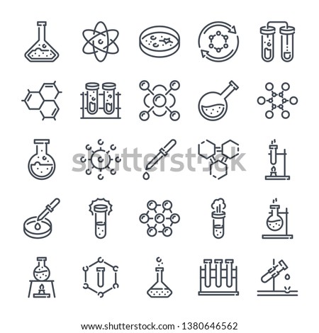 Chemistry and laboratory related line icon set. Science and scientific equipment linear icons. Lab and experiment outline vector sign collection. Royalty-Free Stock Photo #1380646562