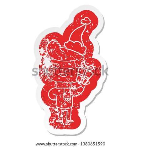 quirky cartoon distressed sticker of a man laughing wearing santa hat