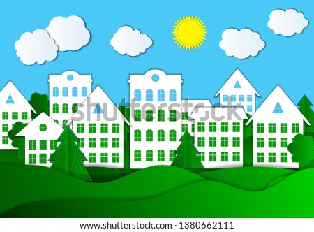 Vector Colorful Illustration of Eco Town, Bright Green Grass and Blue Sky, Paper Art Style Background.