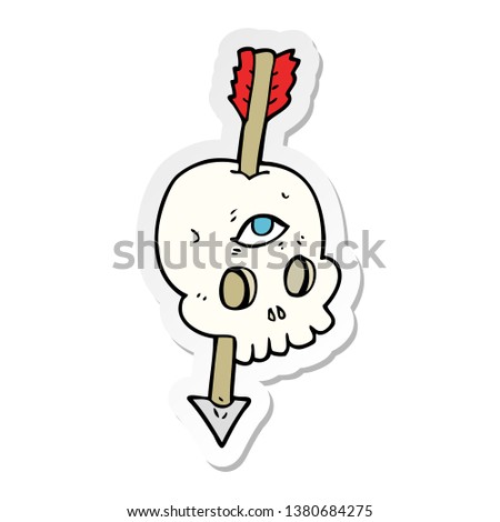 sticker of a cartoon magic skull with arrow through brain