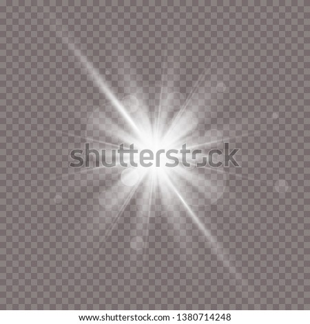 White glowing light burst explosion with transparent.Glare texture. Transparent shine gradient glitter, bright flare.  Vector illustration for cool effect decoration with ray sparkles. Bright star. 