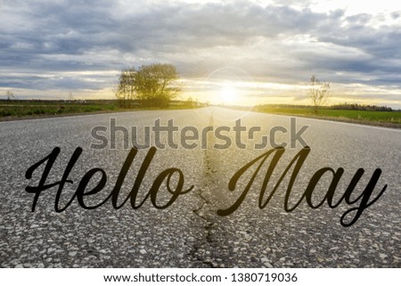 Banner hello may. Text on the photo hello May. Welcome card