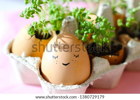The fresh green grass growing in an egg shell with the funny persons drawn on it. The idea of spring creativity for easter day.The fresh green grass growing in an egg shell with the funny person draw