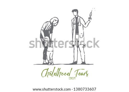 Child, doctor, injection, fear, syringe concept. Hand drawn child afraid of doctor with injection concept sketch. Isolated vector illustration.