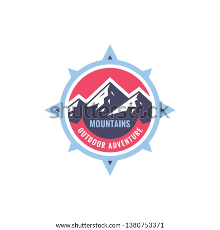 Mountains sdventure outdoors - concept badge. Climbing logo in flat style. Extreme exploration sticker symbol.  Camping & hiking creative vector illustration. Graphic design element.  
