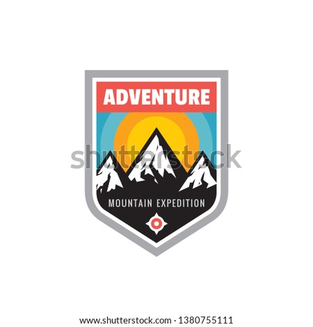 Adventure outdoors - concept badge. Mountain expedition climbing logo in flat style. Extreme exploration sticker symbol.  Camping & hiking creative vector illustration. Graphic design element.  