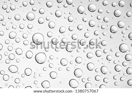 Macro picture of water drops on glass surface look like bubbles in sparking soda water black and white background