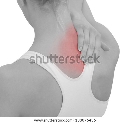 Acute pain in a woman neck. Female holding hand to spot of neck-aches. Concept photo with Color Enhanced blue skin with read spot indicating location of the pain. Isolation on a white background. 